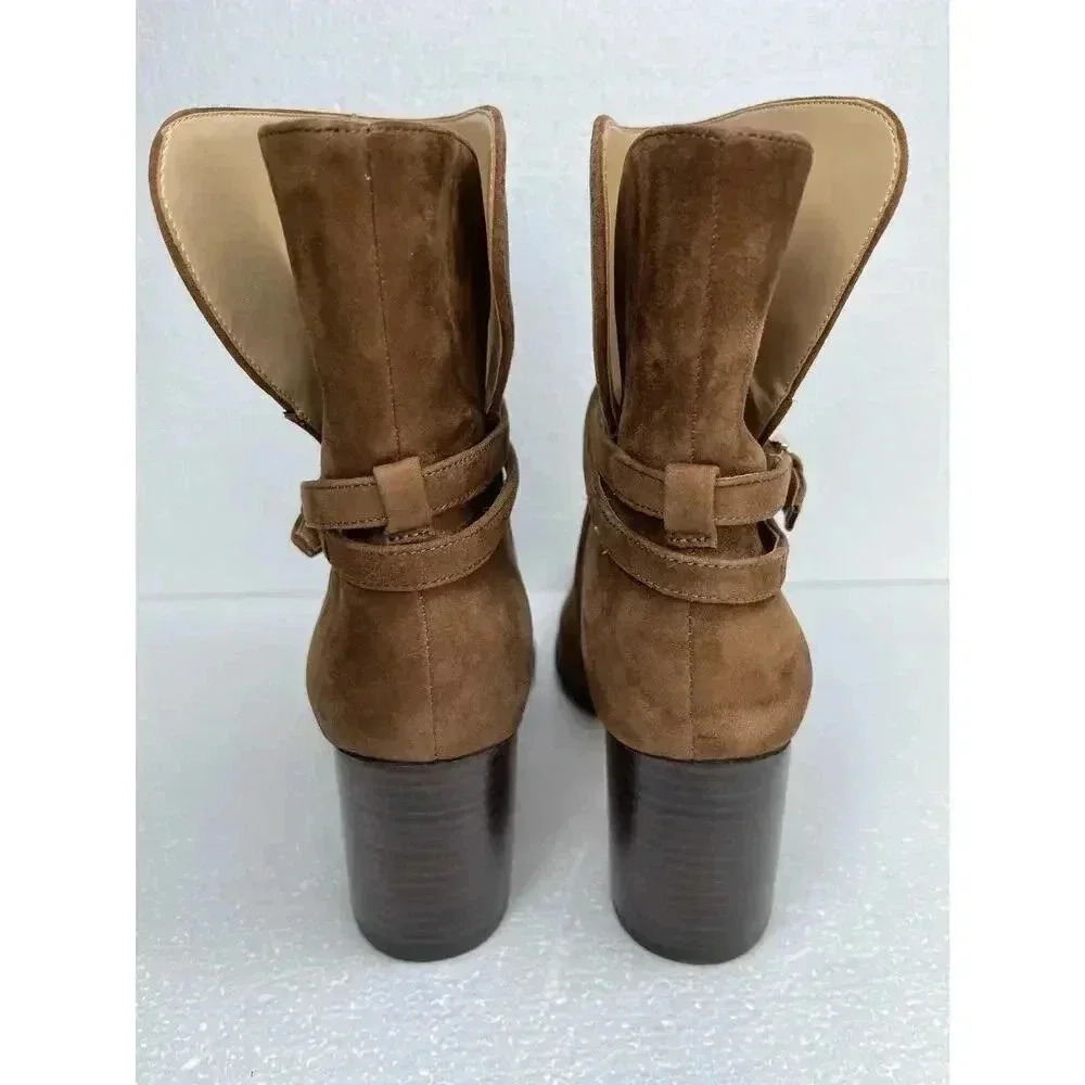 Ann Taylor Wraparound Buckle High Block Heel Suede Boots size 6 New Dark Maple - Picture 10 of 11
